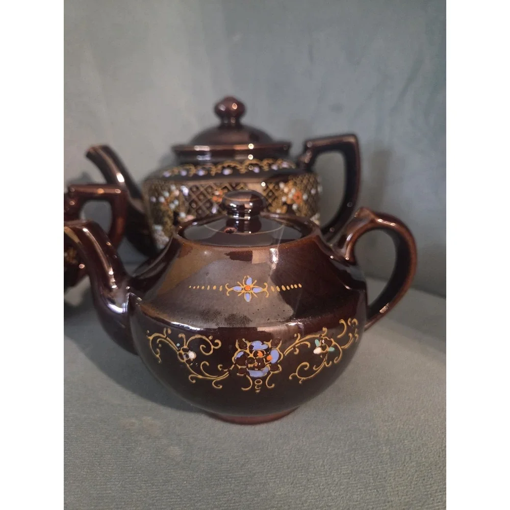 Vtg Brown Betty Redware Teapot Moriage Enamel Hand Painted Japan Set Of 4